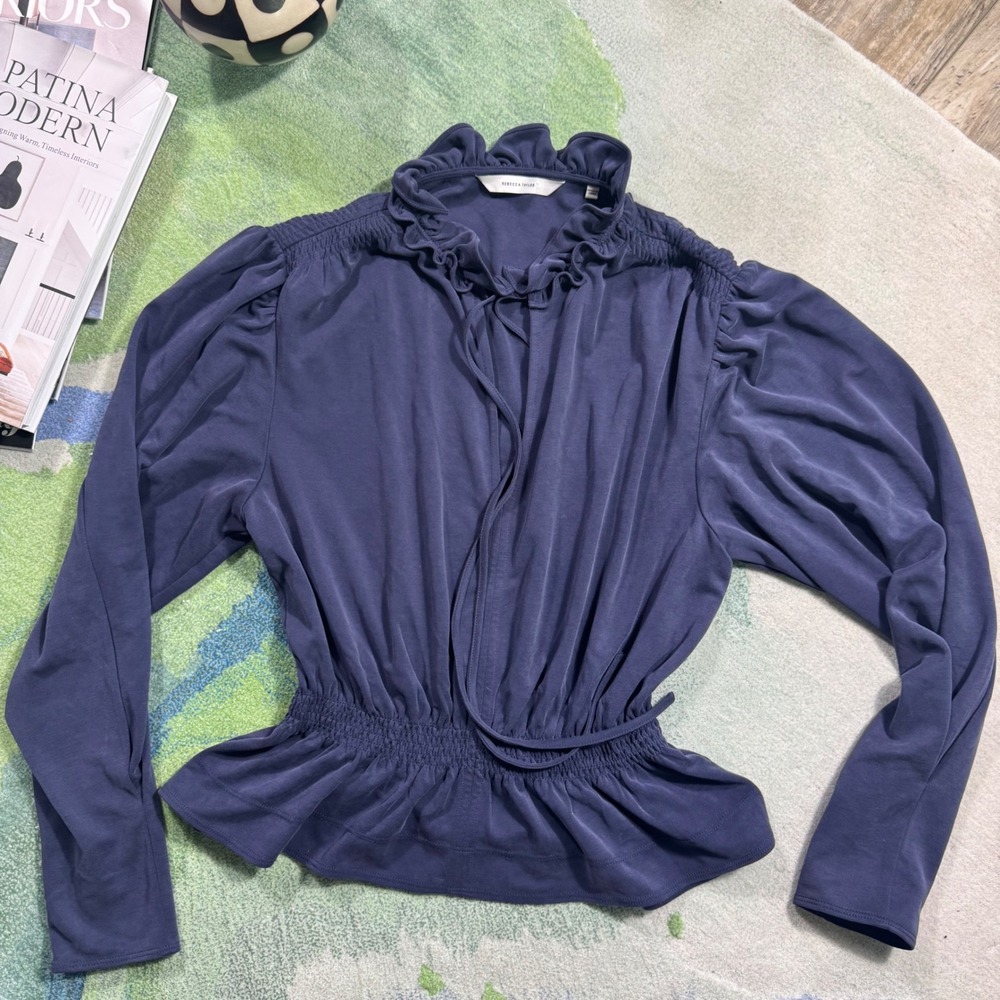 Rebecca Taylor Navy Blue Ruffle Tie Neck Smocked Peplum Blouse Small